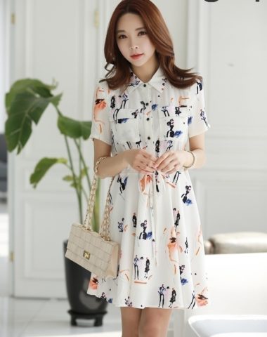 YV010 Váy Voan Xốp Cổ Sơ Mi Bẻ Thắt Dây Eo