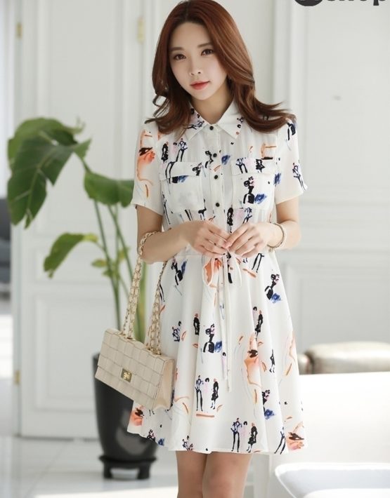 YV010 Váy Voan Xốp Cổ Sơ Mi Bẻ Thắt Dây Eo