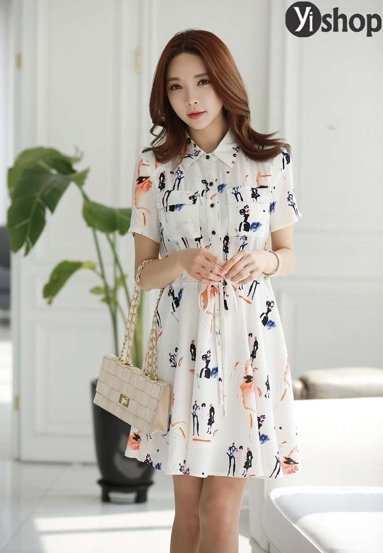 YV010 Váy Voan Xốp Cổ Sơ Mi Bẻ Thắt Dây Eo