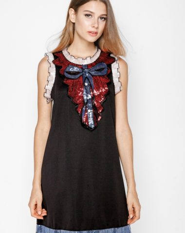 D07025 Đầm suông đính sequin nơ