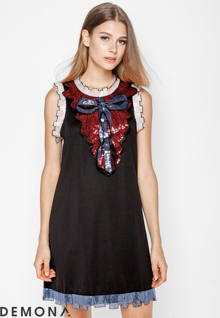 D07025 Đầm suông đính sequin nơ