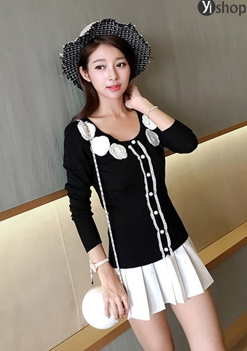 YK0907 ÁO KHOÁC LEN MỎNG ĐÍNH HOA HÀN QUỐC