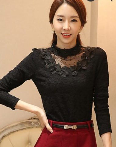 YH257 ÁO REN CỔ CAO ĐÍNH HOA CỔ VÀ TRƯỚC NGỰC