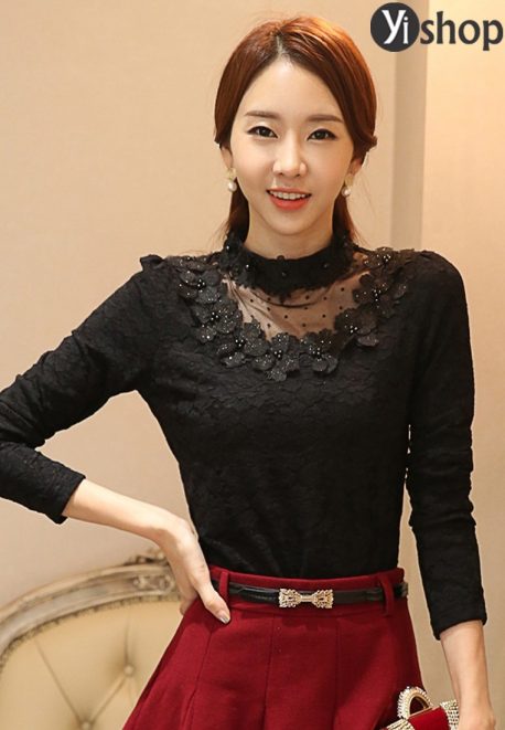 YH257 ÁO REN CỔ CAO ĐÍNH HOA CỔ VÀ TRƯỚC NGỰC