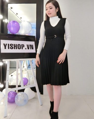 YB1101 Set bộ váy yếm xếp ly xòe + áo len dệt kim cổ lọ