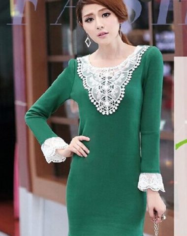 T454 Váy Thun Cotton Phối Cổ Ren Trắng Lót Lông Trong