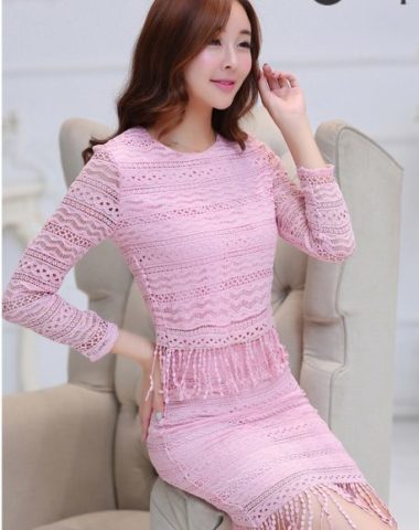 YT458 Set Bộ Váy Ren Tua Dài Tay