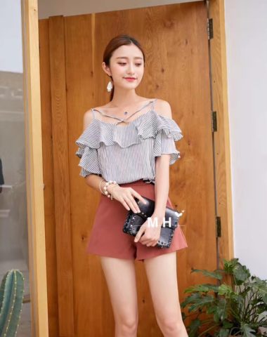 AY73 Áo voan sọc kẻ bèo dây hở vai