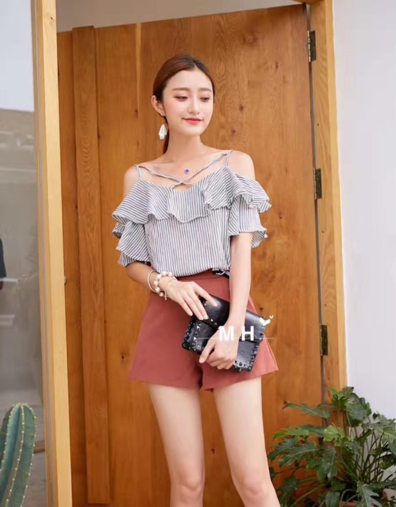 AY73 Áo voan sọc kẻ bèo dây hở vai
