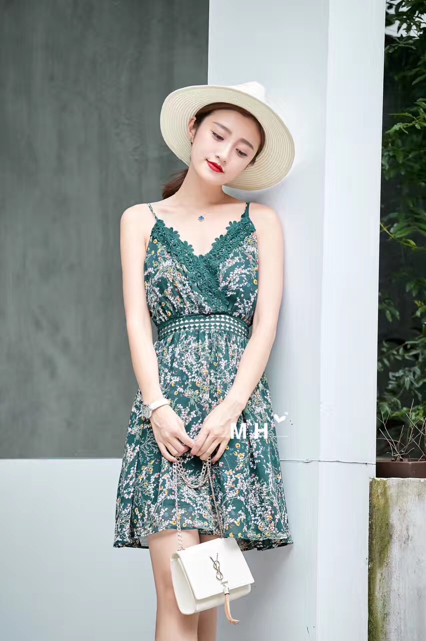 AV32 Váy voan hoa 2 dây phối ren trước ngực