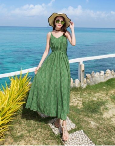 D1802 : Đầm maxi sọc kẻ phối chấm bi 2 dây