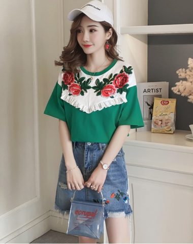 D1827 : Set bộ áo thun thêu hoa hồng + Chân váy Jean thêu hoa