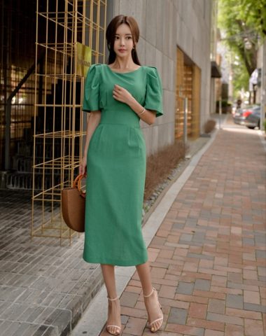 D1857 : Đầm công sở Hàn Quốc tay phồng thắt nơ sau lưng duyên dáng