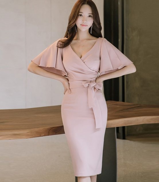 D1850 : Đầm ôm Hàn Quốc cổ chữ V tay cánh tiên thắt nơ eo quyến rũ