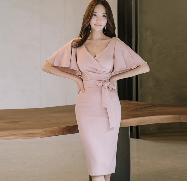 D1850 : Đầm ôm Hàn Quốc cổ chữ V tay cánh tiên thắt nơ eo quyến rũ