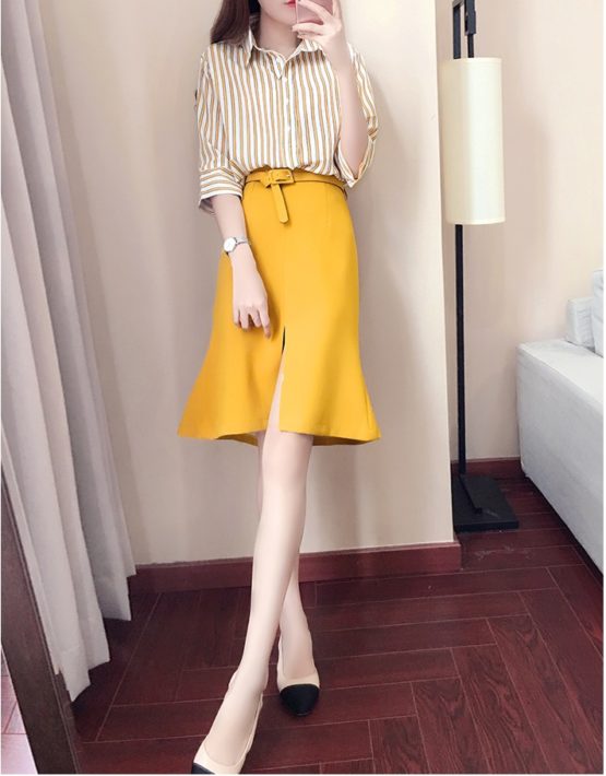 D1918 : Áo sơ mi tay lửng sọc kẻ + Chân váy đuôi cá