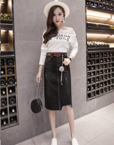 CV1928 : Chân váy denim chữ A eo cao, xẻ bên