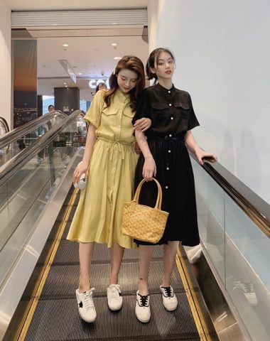 D1971 : Đầm sơ mi cài nút 2 túi rút dây eo