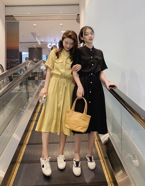 D1971 : Đầm sơ mi cài nút 2 túi rút dây eo