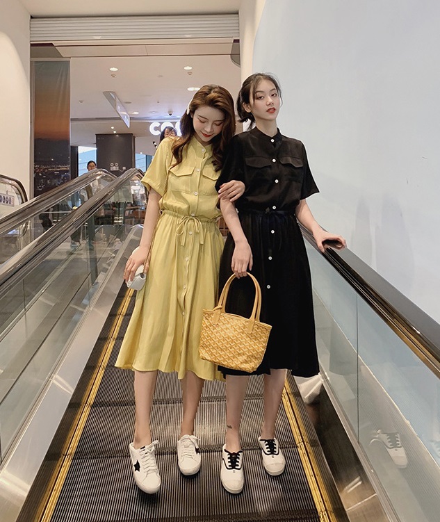 D1971 : Đầm sơ mi cài nút 2 túi rút dây eo