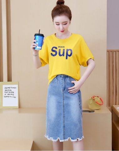 D19106 : Set bộ áo thun sup + chân váy denim chữ A