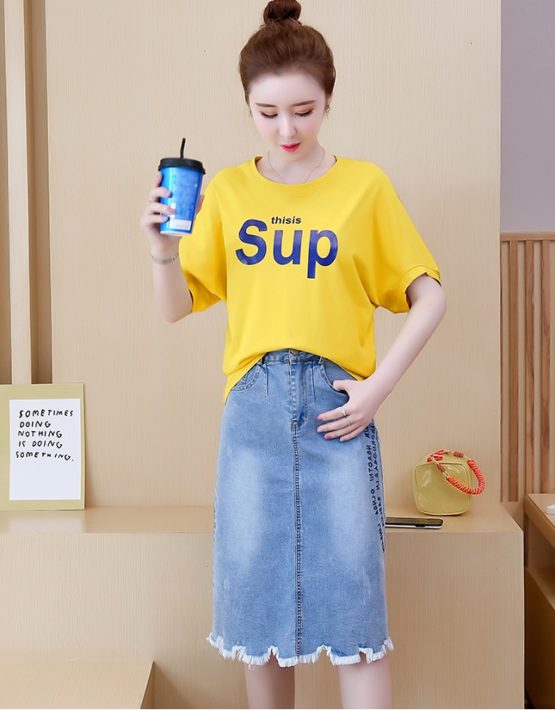 D19106 : Set bộ áo thun sup + chân váy denim chữ A