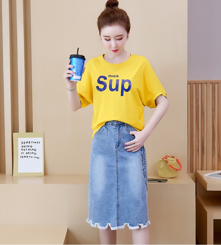 D19106 : Set bộ áo thun sup + chân váy denim chữ A