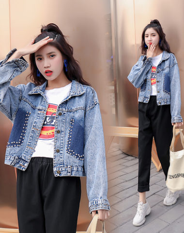 K1918 : Áo khoác Jean thân lửng đính hạt cổ bẻ cao cấp