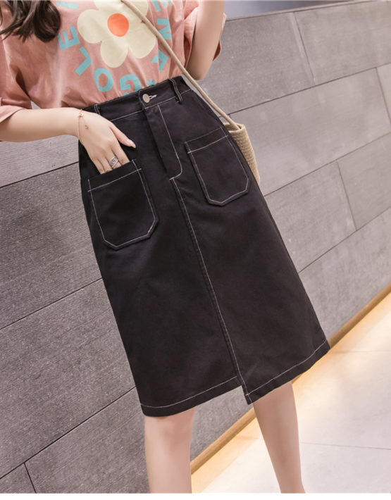 CV202 : Chân váy denim cạp cao vạt sole 2 túi trước