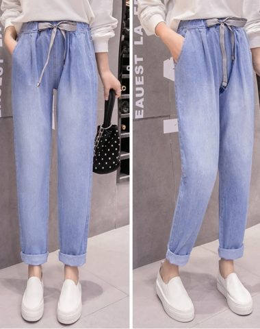 Q204 : Quần jean dài ống suông cạp chun thắt nơ