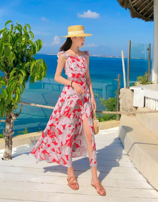 D207 : Đầm maxi voan hoa dài thắt dây sau lưng