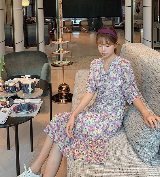 D216 : Váy voan hoa xòe đuôi cá rút dây giữa