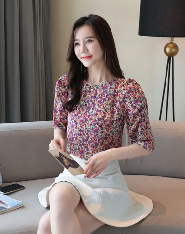 A255 : Áo voan hoa HQ tay lửng phồng cổ tròn