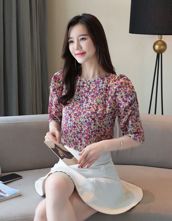 A255 : Áo voan hoa HQ tay lửng phồng cổ tròn