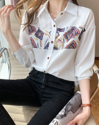 A285 : Áo sơ mi chiffon HQ phối hoa văn ngực cổ bẻ