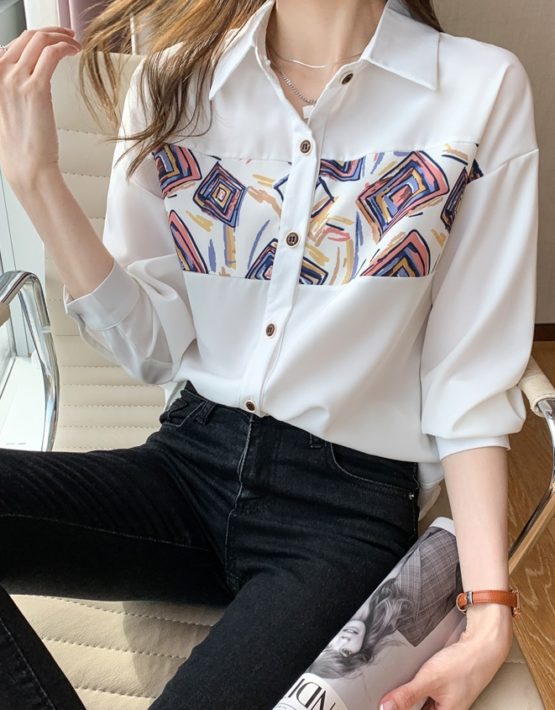 A285 : Áo sơ mi chiffon HQ phối hoa văn ngực cổ bẻ