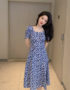 D227 : Đầm voan hoa nhí cổ vuông tay phồng