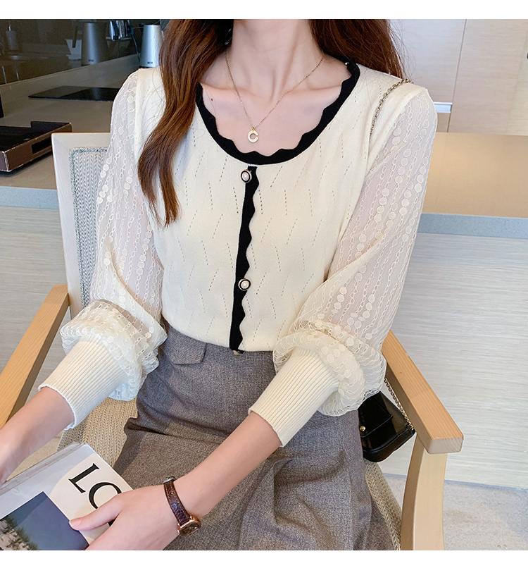 AL221 : Áo len dệt kim phối tay ren trắng cổ tròn răng cưa