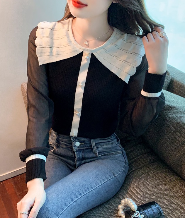 AL231 : Áo len dệt kim HQ mỏng cổ phối tay lụa cổ búp bê