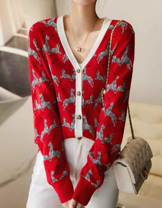 K252 : Áo khoác len dệt kim mỏng cổ chữ V in ngựa vằn