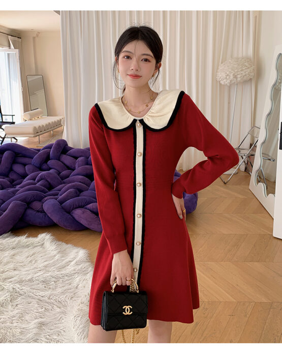 DL227 : Đầm len dệt kim dài chữ A cao cấp cổ sen bẻ