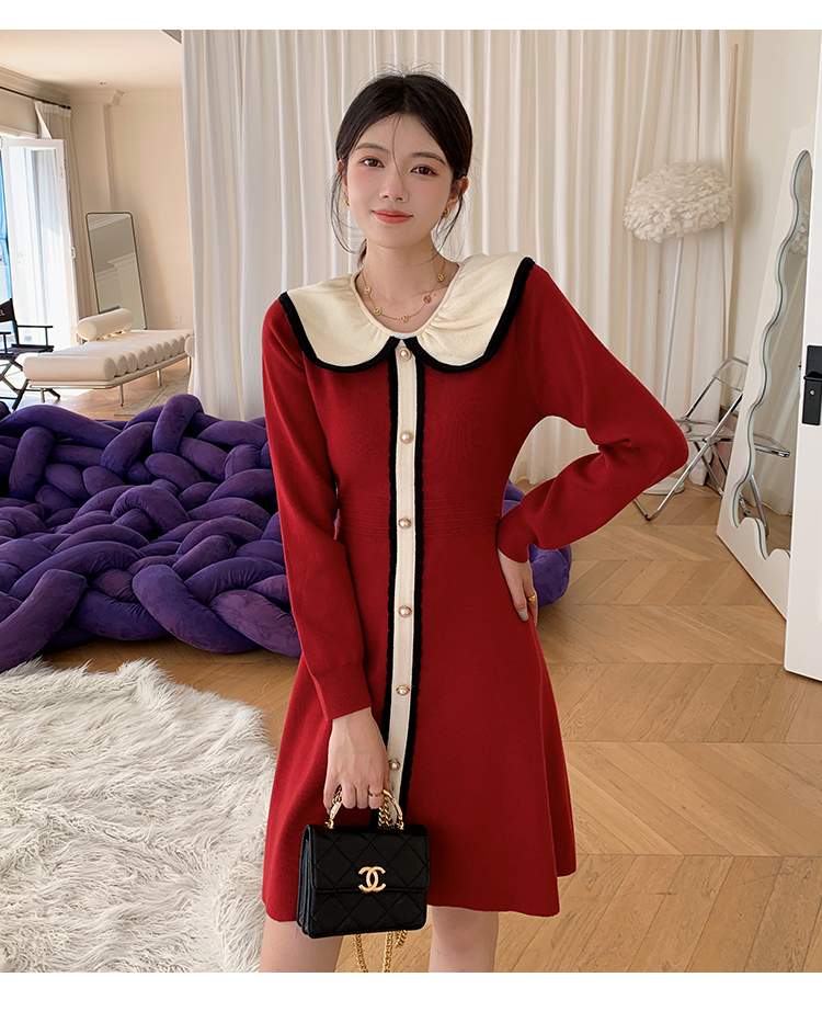 DL227 : Đầm len dệt kim dài chữ A cao cấp cổ sen bẻ