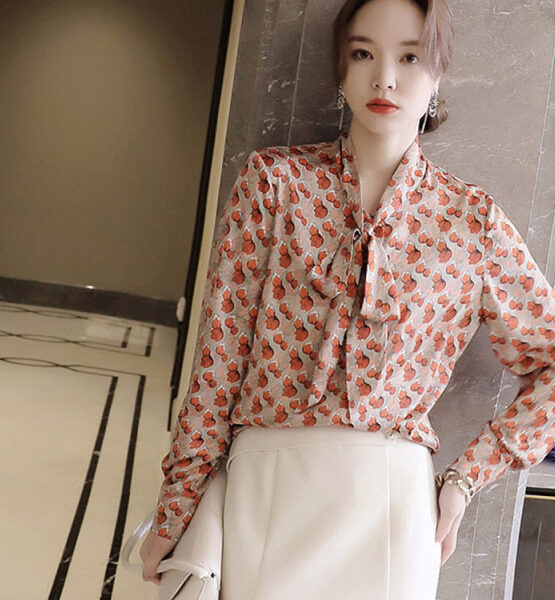A338 : Áo sơ mi voan in hoa HQ cổ thắt nơ