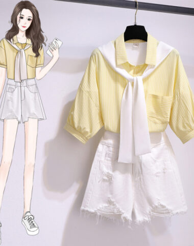 SB220 : Quần short denim rách + áo sơ mi sọc thắt khăn cá tính