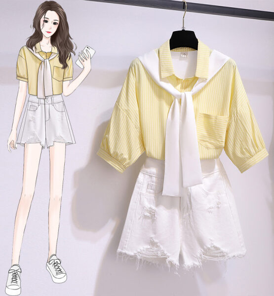 SB220 : Quần short denim rách + áo sơ mi sọc thắt khăn cá tính