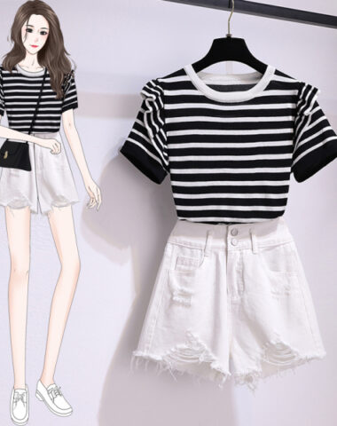 SB221: Set bộ áo thun sọc kẻ viền tay bèo + quần short denim rách