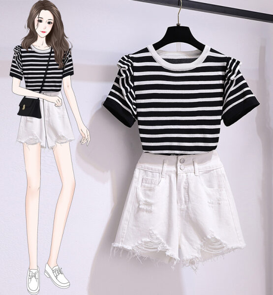SB221: Set bộ áo thun sọc kẻ viền tay bèo + quần short denim rách