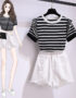 SB221: Set bộ áo thun sọc kẻ viền tay bèo + quần short denim rách