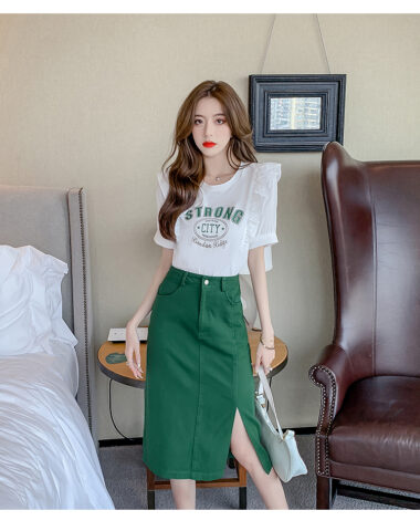 SB224 : Set bộ áo thun ngắn tay viền bèo + chân váy denim xẻ đùi