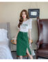 SB224 : Set bộ áo thun ngắn tay viền bèo + chân váy denim xẻ đùi
